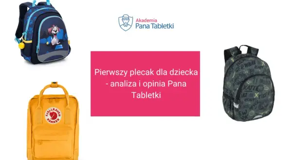 Trzy plecaki dziecięce: niebieski z pieskiem, żółty i zielony z napisami.