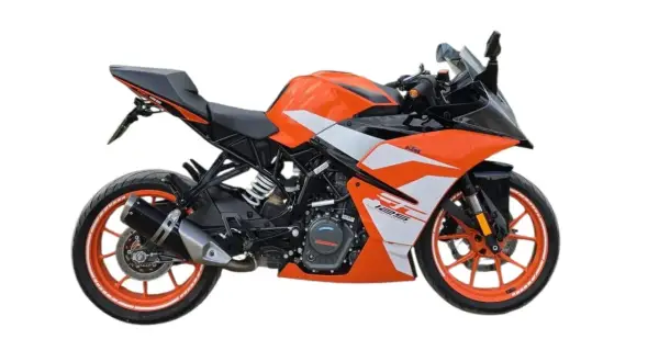 Pomarańczowy KTM RC 125, gotowy do osiągnięcia swojej v max. Sportowy wygląd i dynamiczna sylwetka.