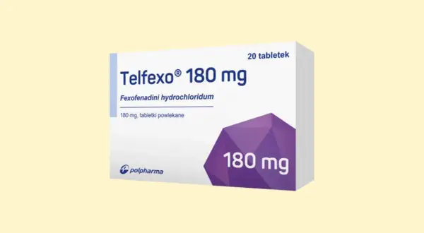 Opakowanie leku Telfexo 180 mg, zawierające 20 tabletek powlekanych z chlorowodorkiem fexofenadyny.