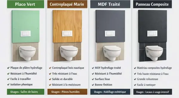 Comparaison de 4 revêtements pour un pose wc suspendu : vert, bois, gris et composite.