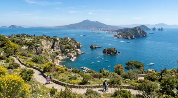 Sentiero fiorito in un giardino di agrumi con vista sul golfo e il Vesuvio.