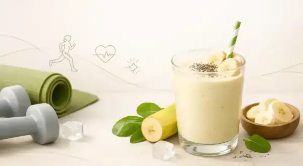 Zdrowy koktajl bananowy z nasionami chia, idealny po treningu. Obok leży mata i hantle.