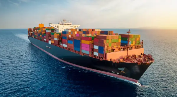 Ogromny kontenerowiec płynie po spokojnym morzu, symbolizując globalny transport wodny. Kolorowe kontenery tworzą imponujący widok.