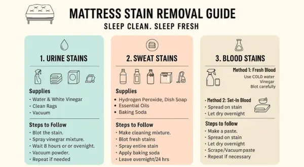 Mattress stain removal guide: what to clean mattress with for urine, sweat, and blood stains. Includes supplies like vinegar, hydrogen peroxide, and baking soda.