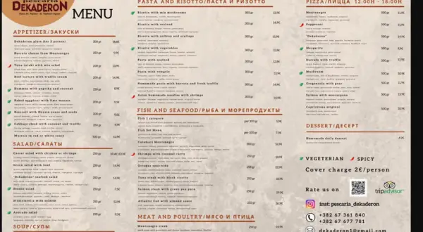 Menu z Czarnogóry: pizza, makarony, ryby i owoce morza. Ceny od 4,9€ do 22,9€.