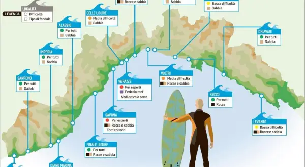 Mappa delle spiagge per il surf in Liguria, con indicazioni per ogni località. Ideale per chi cerca onde e avventura.