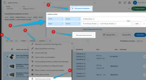 Strzałki wskazujące na opcje filtrowania produktów, zaawansowane filtrowanie i menu operacji w interfejsie aplikacji.