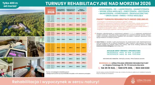 Turnusy rehabilitacyjne nad morzem prywatnie w Leśnej Polanie. Cennik 2026, pakiety, zabiegi, pokoje i rezerwacja.