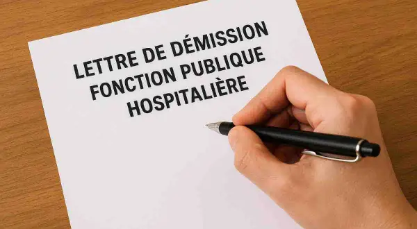 Main d'une personne tenant un stylo au-dessus d'une lettre de démission fonction publique hospitalière.