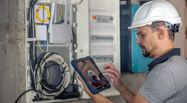 Elektryk w kasku i okularach ochronnych wykonuje przegląd instalacji elektrycznej, korzystając z tabletu z aplikacją diagnostyczną.