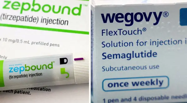 Zestawienie leków Zepbound i Wegovy, oba do cotygodniowych iniekcji.