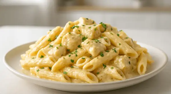 Penne w kremowym sosie serowym, posypane natką pietruszki. Idealny, domowy mac n cheese.