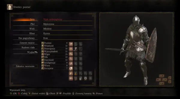 Postać w zbroi rycerza w Dark Souls 3. Ekran tworzenia postaci, gdzie można wybrać przymierza i statystyki.