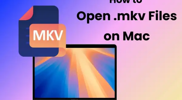 Learn how to open MKV files on Mac with this guide. An MKV file icon hovers over a MacBook Air displaying a colorful wallpaper.