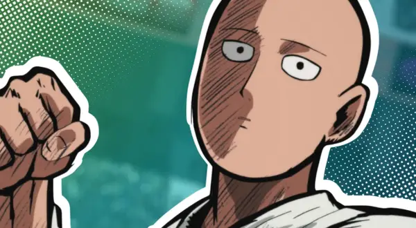 Saitama, der Held mit einem Schlag, bereit für den **one punch man stream**. Sein Blick ist leer, aber seine Faust geballt.