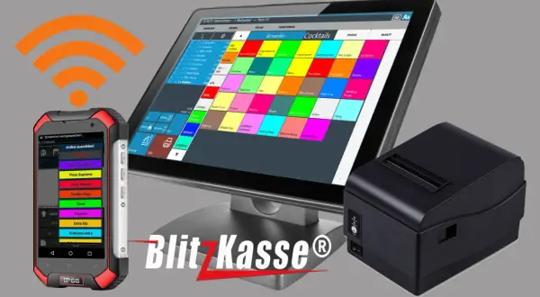 Gastronomie-Kassensystem mit Tablet, Handheld-Scanner und Bondrucker.