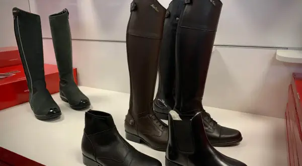 Kozaki jeździeckie, botki i inne buty do jazdy konnej prezentowane na białej półce.