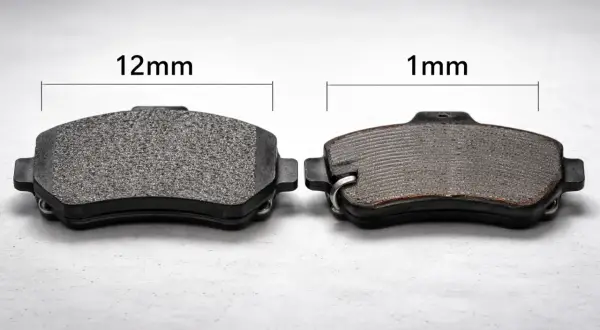 Comparaison de deux plaquettes de frein : une neuve de 12mm et une usée de 1mm.