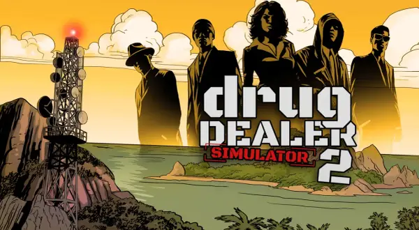 Silhouetten von Gangstern vor einem Turm und einer Insel. Der Titel "Drug Dealer Simulator 2" ist prominent platziert.