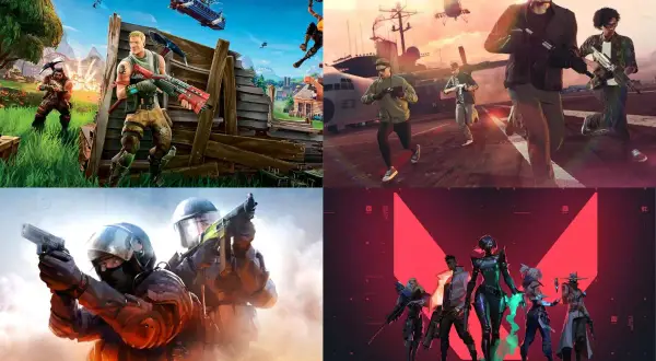 Kolaż z grafikami z gier Fortnite, GTA V, CS:GO i Valorant.