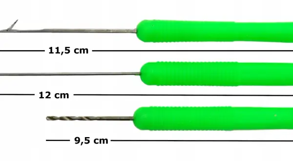 Trzy igły do kulek proteinowych: z haczykiem (11,5 cm), prosta (12 cm) i wiertło (9,5 cm).