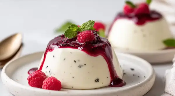 Krämig panna cotta med hallonsås och färska hallon. En perfekt dessert för alla tillfällen.