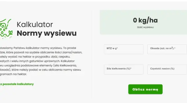 Kalkulator normy wysiewu zbóż kg/ha. Narzędzie do obliczania ilości nasion na hektar, uwzględniające MTZ, obsadę i siłę kiełkowania.