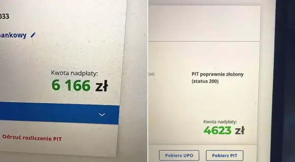 Jak sprawdzić zwrot z PIT? Na ekranie widać kwotę nadpłaty 6166 zł, a obok status "PIT poprawnie złożony" z kwotą 4623 zł.