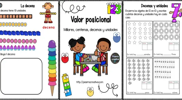 Páginas educativas sobre valor posicional, con ejemplos de fichas de decenas y unidades, dibujos de objetos y ejercicios para contar.
