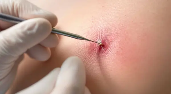 Gros plan sur une peau irritée où un fil résorbable semble causer une réaction, possiblement une allergie. Un instrument médical est utilisé.