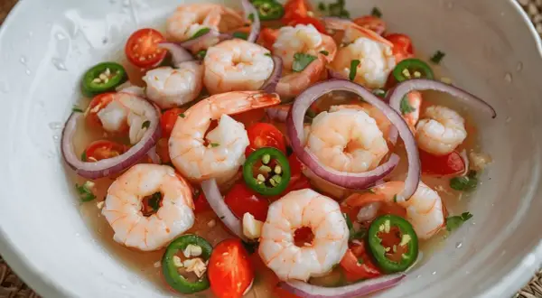 Un refrescante ceviche de gambas con tomate, cebolla morada y jalapeño en un cuenco blanco.