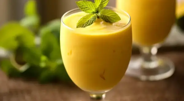 Orzeźwiający koktajl z mango, udekorowany listkami mięty, czeka na orzeźwiającą chwilę.