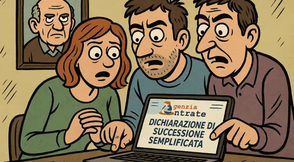 Tre persone guardano un laptop con "Dichiarazione di successione semplificata" scritto sullo schermo. Sembrano preoccupati, forse si chiedono se si può fare la successione da soli.
