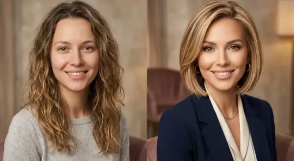 Przed i po: metamorfoza z długich fal do eleganckiego long bob. Ta fryzura pasuje każdej kobiecie, dodając klasy i pewności siebie.