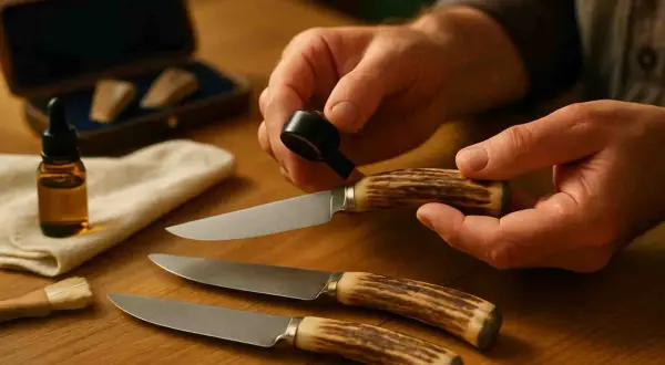 Man limpia un cuchillo con mango de asta de ciervo. Otros dos cuchillos similares yacen sobre la mesa, junto a un frasco de aceite y un cepillo.