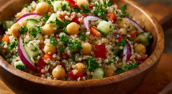 En härlig quinoa sallad med kikärtor, gurka, paprika och rödlök i en träskål.