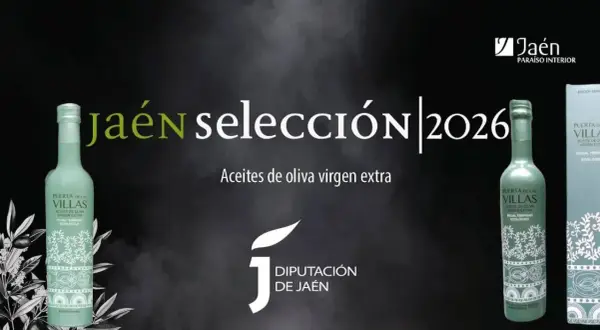 Butelka oliwy z oliwek extra virgin na ciemnym tle z napisem "Jaén Selección 2026".