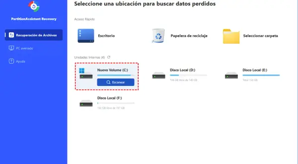 Interfaz de recuperación de datos. Se muestra la opción de escanear el disco C:, la papelera de reciclaje y otras unidades.
