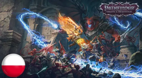 Bitwa bohaterów z demonami w grze Pathfinder: Wrath of the Righteous. Polska flaga w rogu.