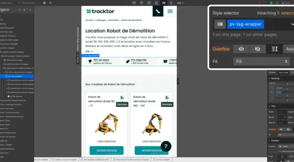 Le panneau de style montre les options pour le wrapper `pv-tag-wrapper`, avec `overflow` réglé sur "Auto" pour gérer le contenu qui dépasse.