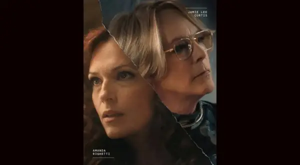 Amanda Righetti und Jamie Lee Curtis im dramatischen Split-Screen-Porträt.