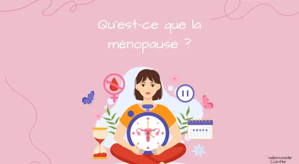 Une femme au centre, entourée de symboles de la ménopause : horloge, calendrier, sablier, et un signe d'interdiction de règles. La question "Qu'est-ce que la ménopause ?" est affichée.