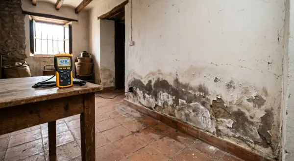 Medidor de humedad en mesa rústica, junto a pared con manchas de humedad y desconchones. Esencial para solucionar humedades.