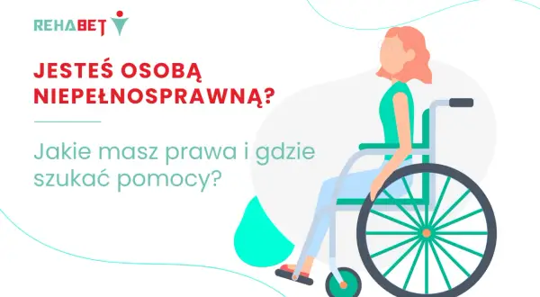 Kobieta na wózku inwalidzkim pyta: "Jesteś osobą niepełnosprawną? Jakie masz prawa i gdzie szukać pomocy?". Grafika promuje opiekę nad osobą niepełnosprawną.