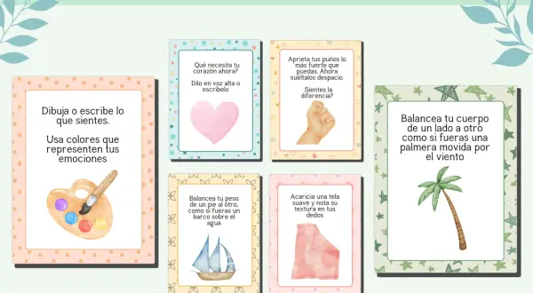 Conjunto de tarjetas de emociones para la calma, con ilustraciones de una paleta de pintor, un corazón, un puño, un velero, una tela y una palmera.
