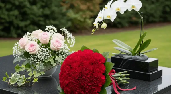 Nowoczesne stroiki na cmentarz: bukiet czerwonych goździków, różowe róże z gipsówką i biała orchidea na czarnym tle.