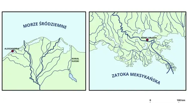 Dwa mapy: jedna pokazuje ujście Nilu do Morza Śródziemnego z Aleksandrią i Kanałem Sueskim, druga ujście Missisipi do Zatoki Meksykańskiej z Nowym Orleanem.