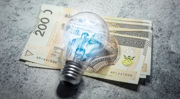Żarówka z polskimi banknotami 200 zł w środku symbolizuje oszczędność. Dowiedz się, w jakich godzinach tańszy prąd, by obniżyć rachunki.