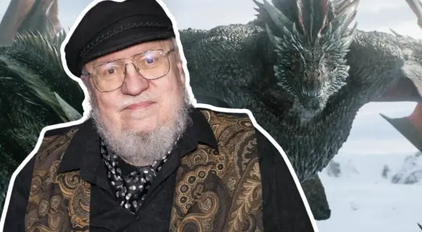 George R.R. Martin na tle smoka.