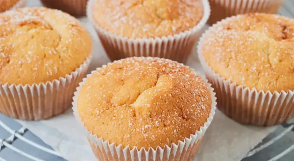 Frisch gebackene Quark Muffins, leicht mit Puderzucker bestäubt, auf einem Gitter.